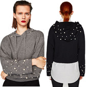 Стилен дамски пуловер с перлички и качулка