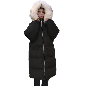 Дълго зимно дамско яке в два цвята с качулка и пух