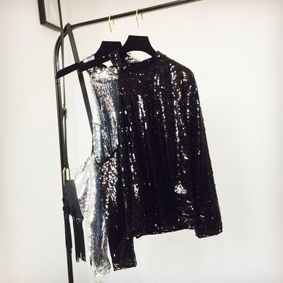 Раздвижена дамска блуза от пайети с поло яка, в три цвята