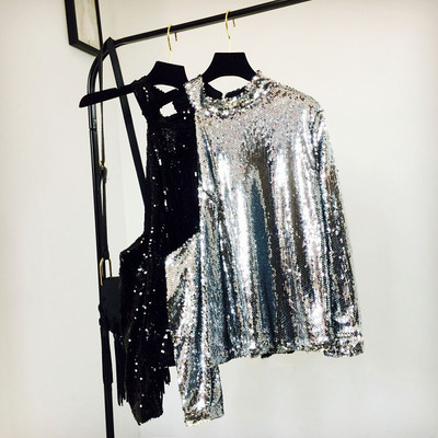 Раздвижена дамска блуза от пайети с поло яка, в три цвята