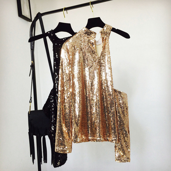 Раздвижена дамска блуза от пайети с поло яка, в три цвята