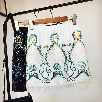 Fusta de dama eleganta cu motiv etno cu paiete in doua culori