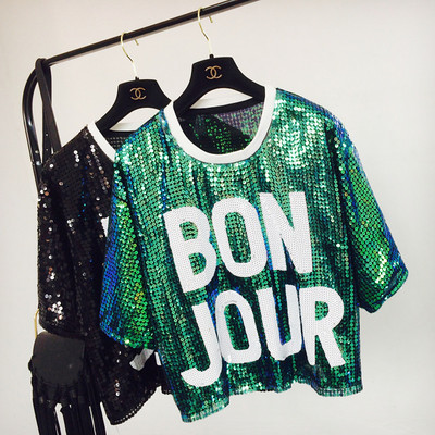 Дамска блуза в три цвята с пайети и надпис