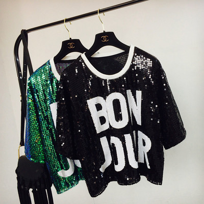 Дамска блуза в три цвята с пайети и надпис