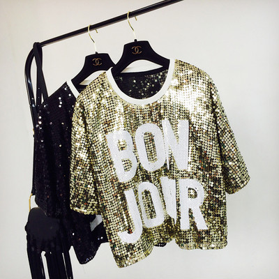 Дамска блуза в три цвята с пайети и надпис