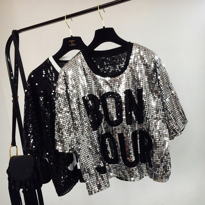 Дамска блуза в три цвята с пайети и надпис