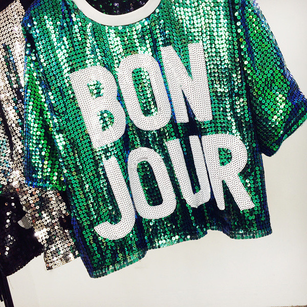 Дамска блуза в три цвята с пайети и надпис