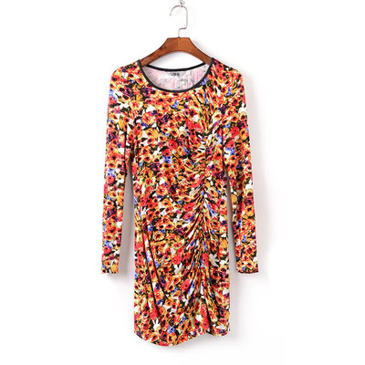 Rochie unică de primăvară-toamnă pentru femei, cu motive florale și guler în formă de O