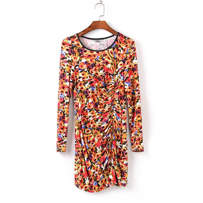 Уникална дамска пролетно-есенна рокля с флорални мотиви и О-образна яка