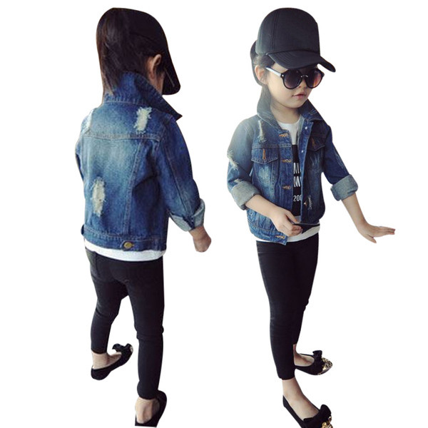 Детско пролетно-есенно дънково якенце за момичета с кръпки по гърба в тъмен цвят