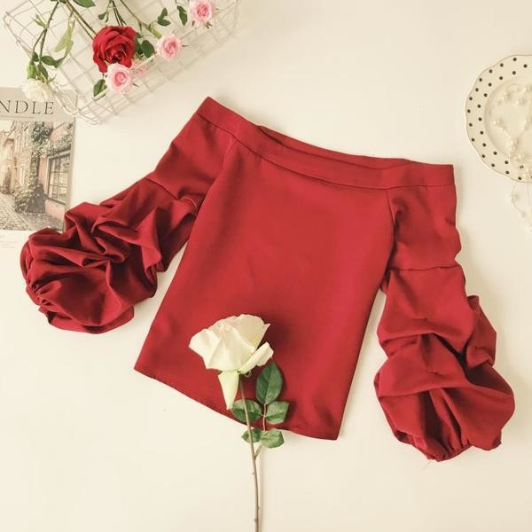 Стилна дамска блуза-изчистен модел с набръчкани ръкави и паднали рамене в няколко цвята