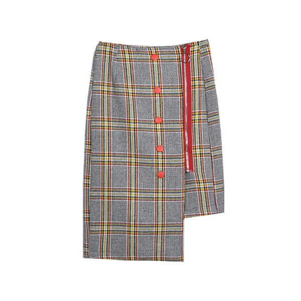 Стилна асиметрична дамска пола на каре с копчета