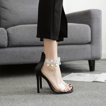 Елегантни дамски сандали с камъни и висок тънък ток