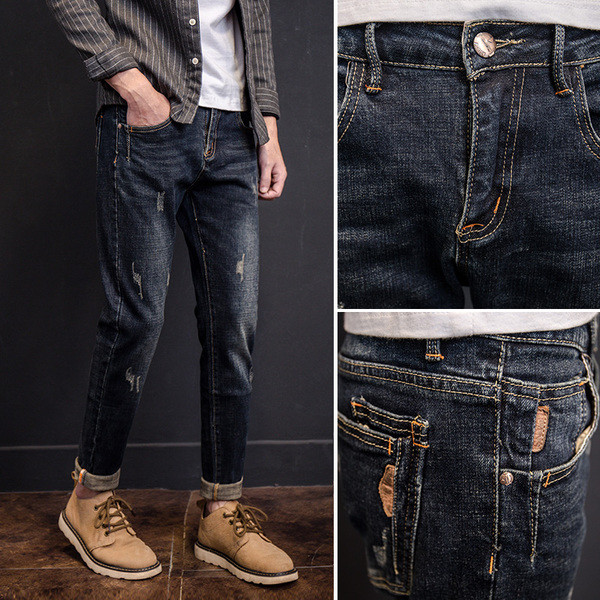 Стилни мъжки дънки с кръпки в тъмен цвят