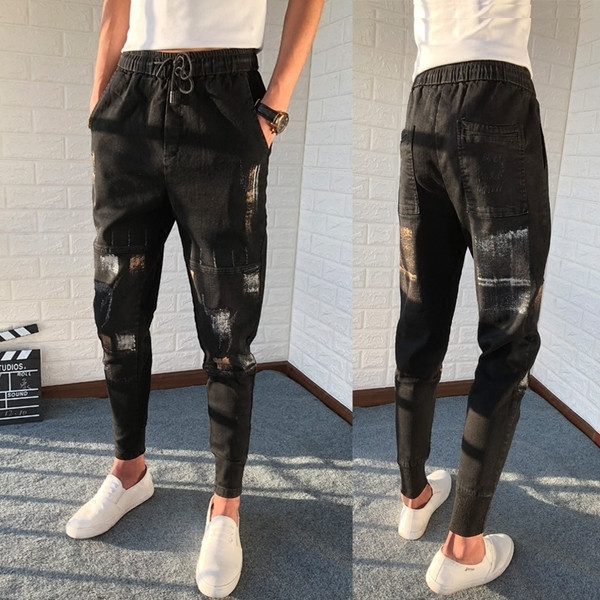 Спортно-елегантни мъжки панталони с цветен ефект и връзки 