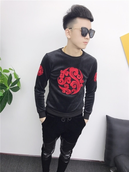 Стилен мъжки пуловер с бродерия и О-образна яка 