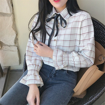 Μοντέρνο γυναικείο πουκάμισο με κολάρο σε σχήμα O και φαρδιά και σγουρά μανίκια