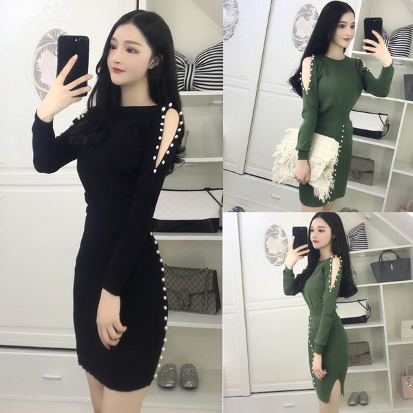 Modern őszi-téli ruha finom kötésből, dekorgyöngyökkel, két színben