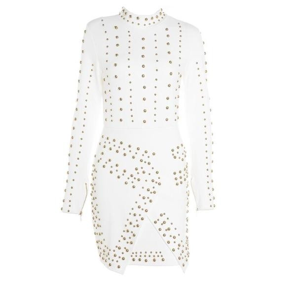 Κομψό γυναικείο φόρεμα σε μαύρο και άσπρο χρώμα με μεταλλικές διακοσμήσεις