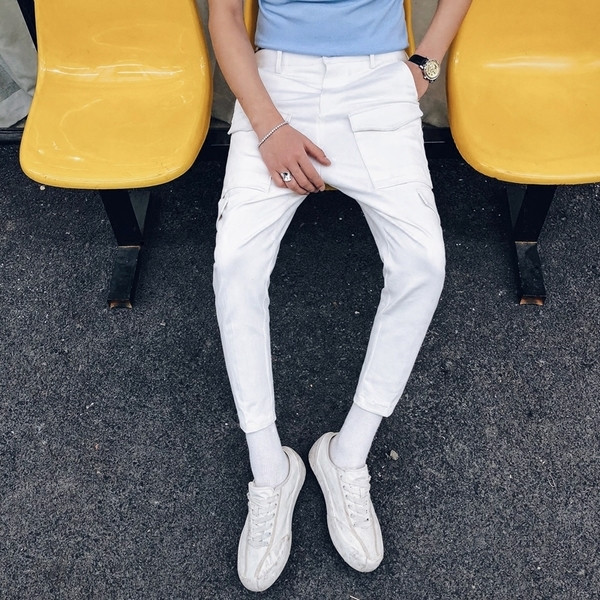 Изчистен мъжки панталон тип потур със странични джобове в бял и черен цвят