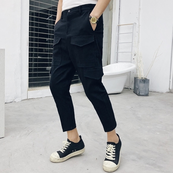 Изчистен мъжки панталон тип потур със странични джобове в бял и черен цвят