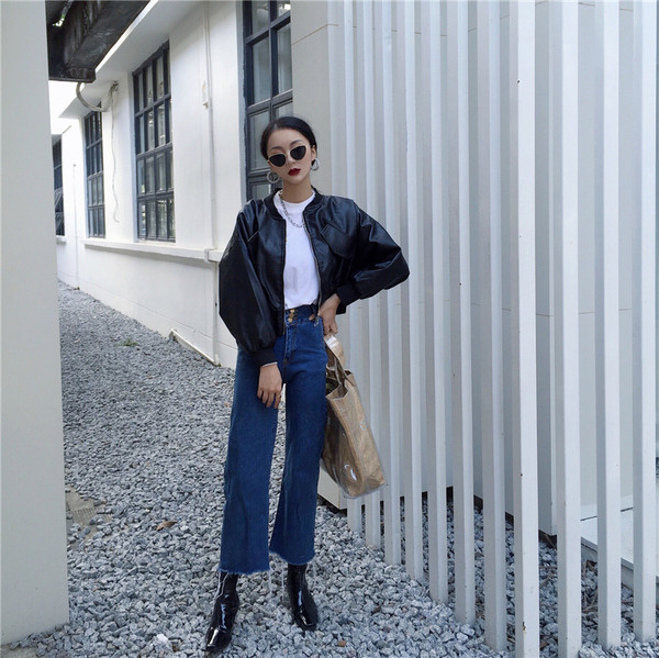 Κομψό γυναικείο δερμάτινο μπουφάν, με κολάρο σε σχήμα O