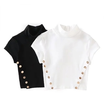 Σύντομο γυναικείο μπλουζάκι σε λευκό και μαύρο με  γιακά