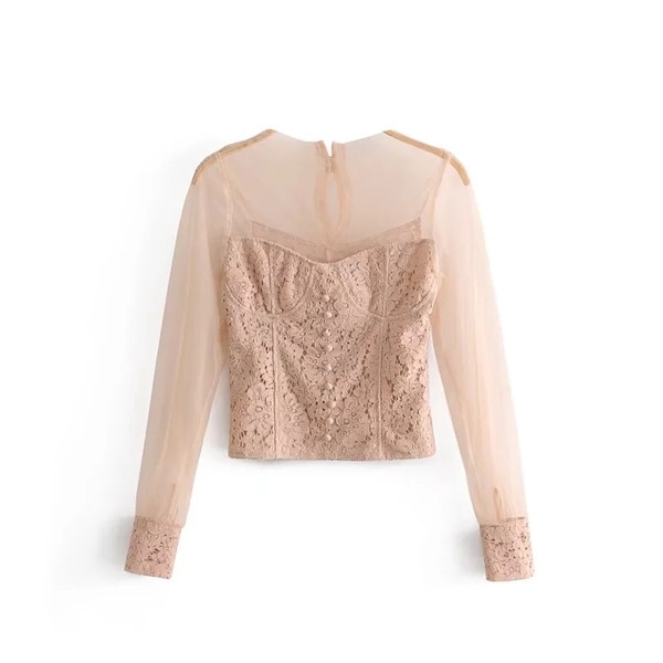 Stílusos női blúz átlátszó ujjal és csipkével