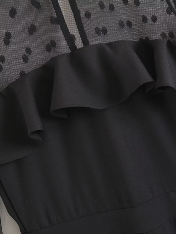 Елегантен дълъг дамски гащеризон в черен цвят с дантелени ръкави