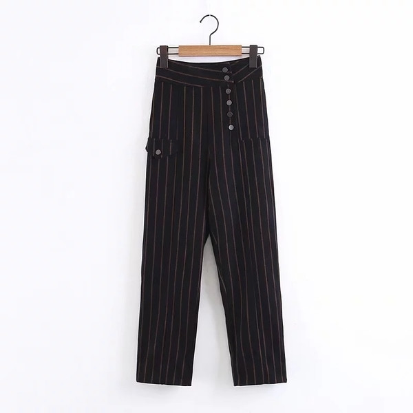 Elegáns női nadrág magas derékkal, csíkokkal és gombokkal