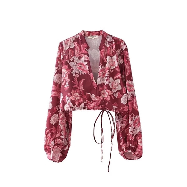 Rövid női ing, széles ujjú virágmintás