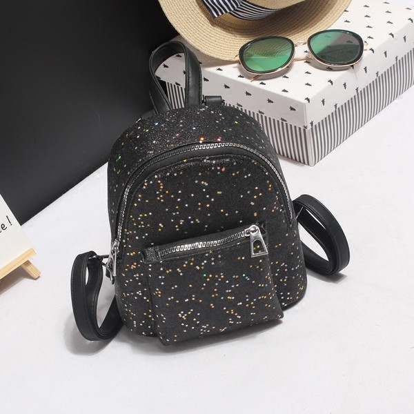 Egyszerű női hátizsák fényes részecskékkel és külső zsebbel négy színben