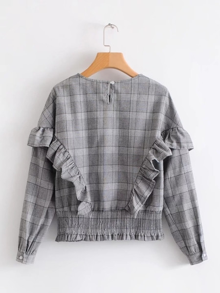 Alkalmi női kockás blúz O-nyakkal