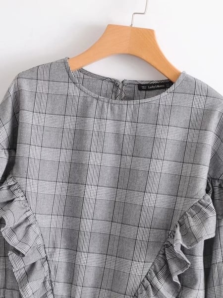 Alkalmi női kockás blúz O-nyakkal