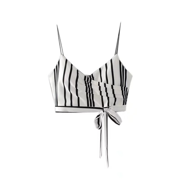 Дамски стилен топ на райе с панделка и тънки презрамки 