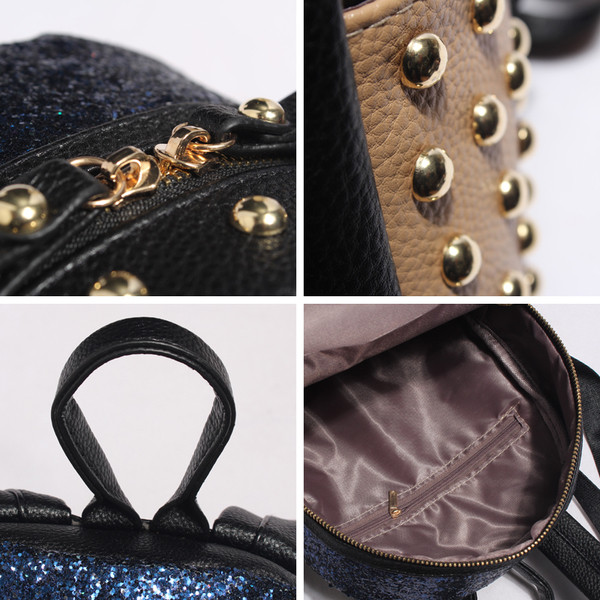 Fényes mini női hátizsák dekoratív szegecsekkel, mindennapi használatra alkalmas három színben