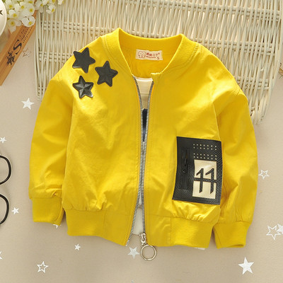 Sports-everyday children`s unisex jacket with O-shaped collar and prints in three colors