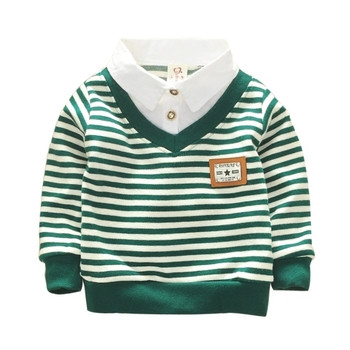 Модерен детски раиран пуловер с О-образна яка за момчета,подходящ за ежедневие в три цвята