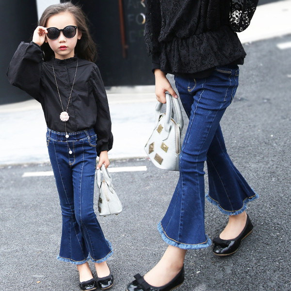 Blugi copii moderni pentru fete tip Charleston cu franjuri intr-o culoare inchisa