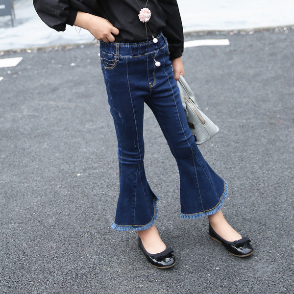 Blugi copii moderni pentru fete tip Charleston cu franjuri intr-o culoare inchisa