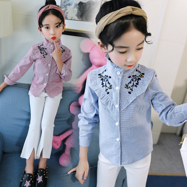 Детска раирана риза за момичета с флорална бродерия в два цвята