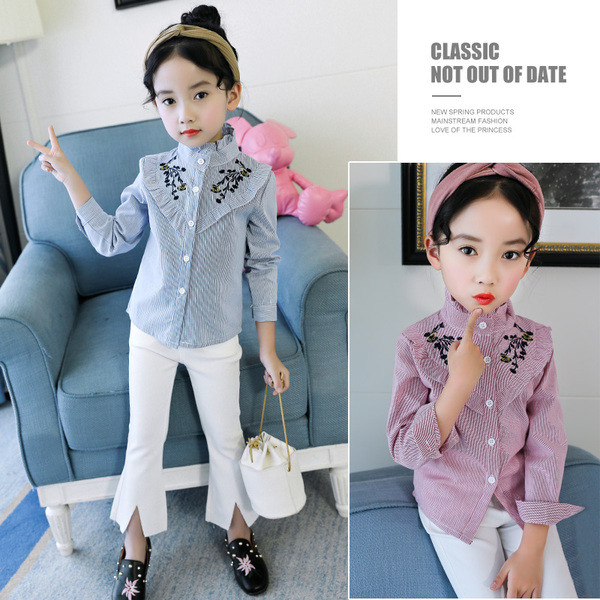 Детска раирана риза за момичета с флорална бродерия в два цвята