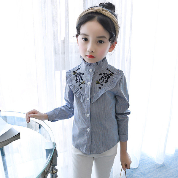 Детска раирана риза за момичета с флорална бродерия в два цвята