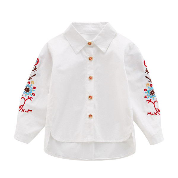 Стилна детска риза за момичета с бродерия по ръкавите в бял цвят