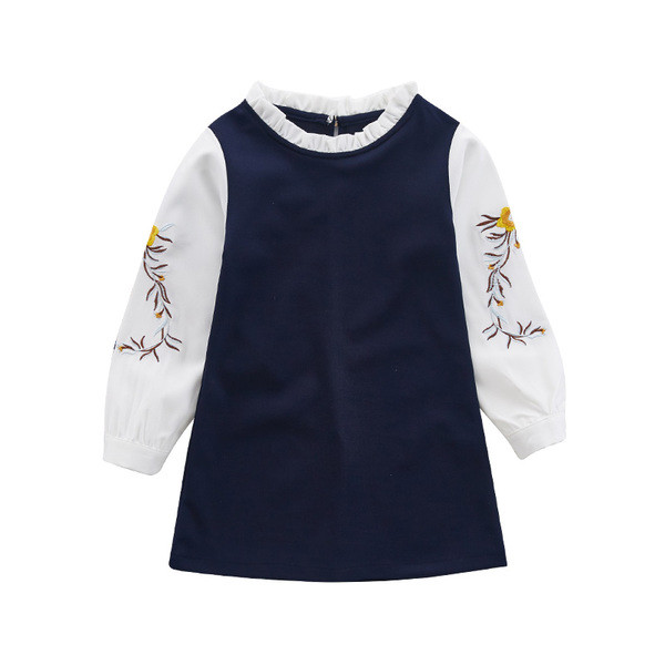 Απαλό παιδικό φόρεμα για κορίτσια με κολάρο σε σχήμα O και κεντήματα σε μανίκια σε δύο χρώματα