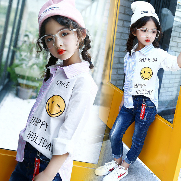 Cămașă pentru copii sport-elegantă pentru fete cu inscripție și emoticon în două culori