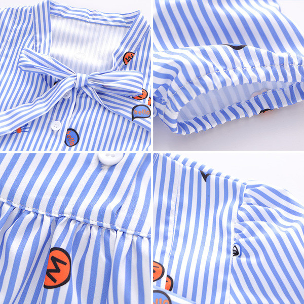 Rochie copii cu dungi pentru fete cu mini aplicatii guler si panglica in forma de V