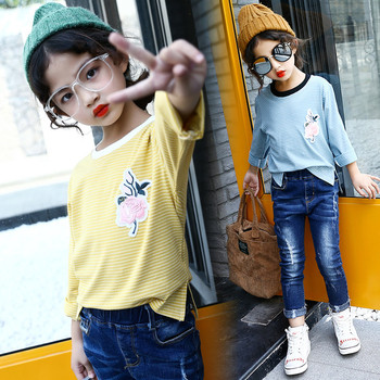 Ежедневна детска блуза за момичета с щампа и О-образна яка в два цвята