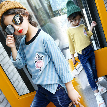 Ежедневна детска блуза за момичета с щампа и О-образна яка в два цвята