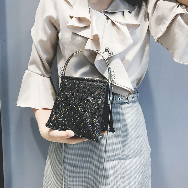 Mini geantă de mână strălucitoare cu mâner scurt metalic în diferite culori